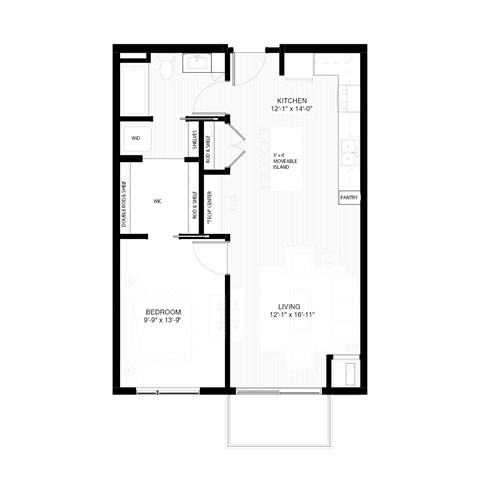 Floor plan for 1 bed, 1 bath, 744 sqft